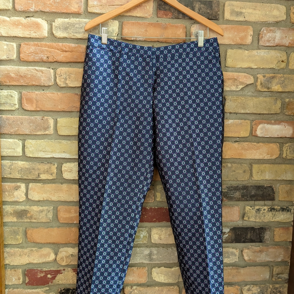 Leifsdottir Silver Blue Cropped Pants with Retro Floral Brocade Design